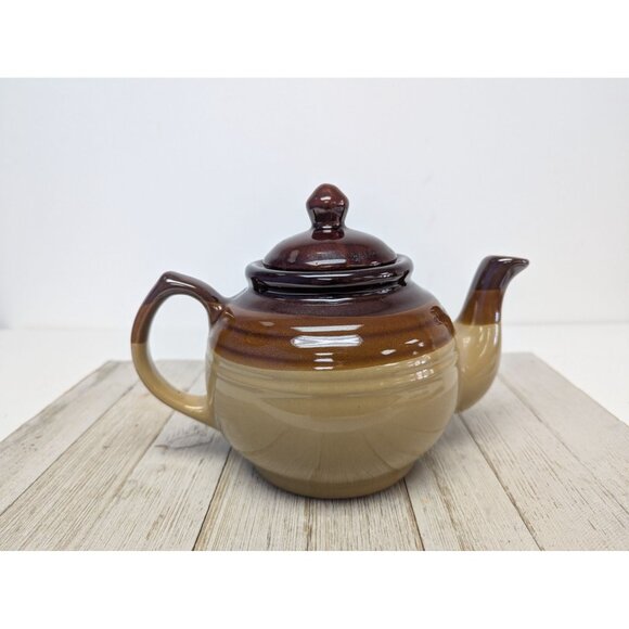Vintage Brown Drip Teapot Short 6 1/4" Cream Tan Coffee - Picture 1 of 10